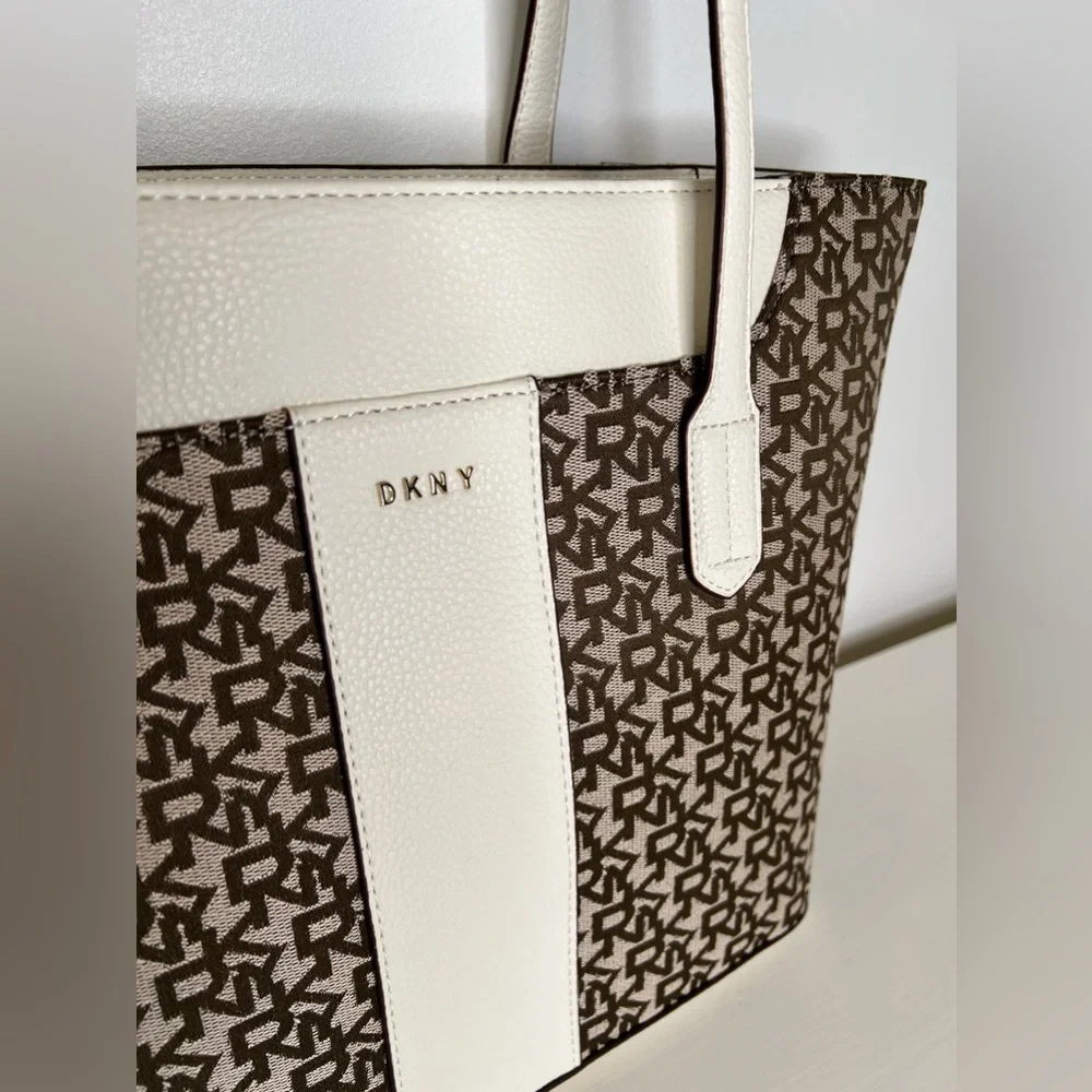 NWT DKNY TOTE SHOULDER BAG WHITE/BROWN - Picture 4 of 13